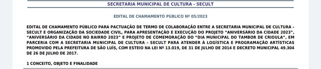 Prefeitura divulga edital para Aniversário de São Luís, Aniversário nos Bairros e Dia do Tambor de Crioula Prefeitura divulga edital para Aniversário de São Luís, Aniversário nos Bairros e Dia do Tambor de Crioula