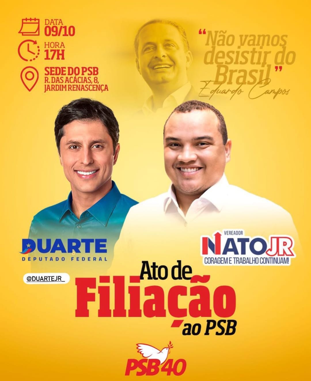 Nato Júnior irá se filiar ao PSB e apoiar Duarte Júnior para prefeito Nato Júnior irá se filiar ao PSB e apoiar Duarte Júnior para prefeito