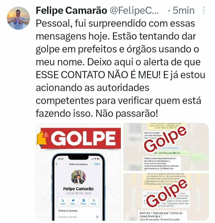Bandidos usam nome do vice-governador Felipe Camarão para aplicar golpes Bandidos usam nome do vice-governador Felipe Camarão para aplicar golpes