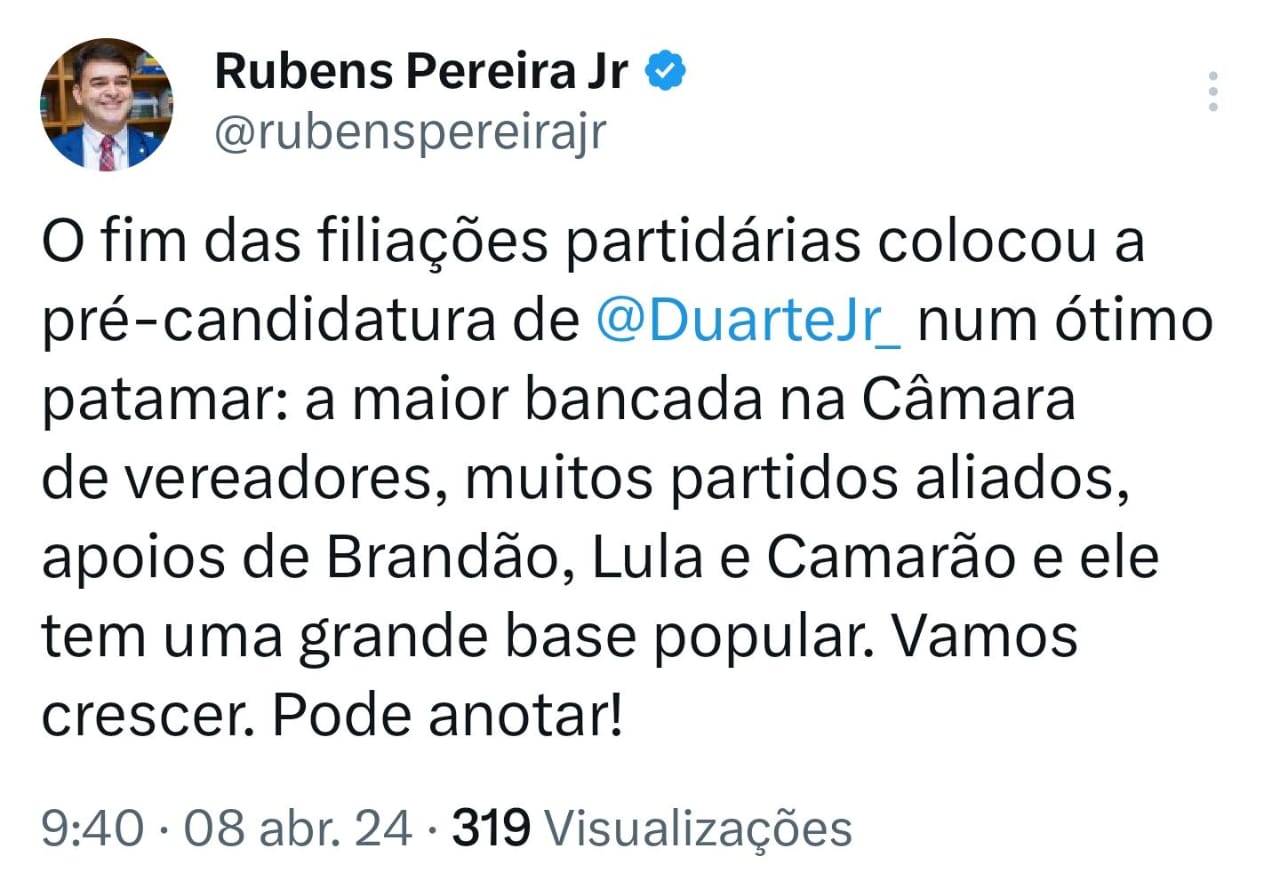“Rubens Pereira Júnior: Duarte Jr. Está em um Ótimo Patamar para Disputar Eleição de Prefeito em São Luís” “Rubens Pereira Júnior: Duarte Jr. Está em um Ótimo Patamar para Disputar Eleição de Prefeito em São Luís”