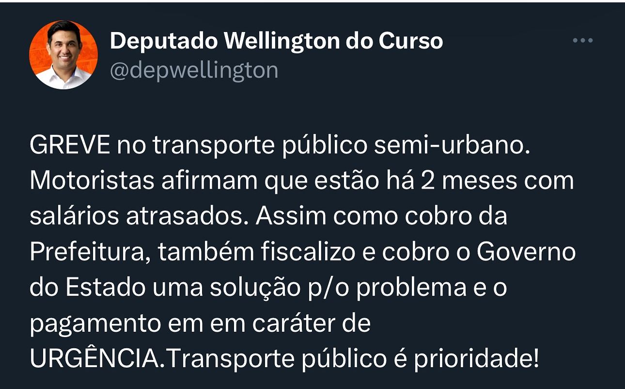 Deputado Wellington cobra do Governo solução para greve no transporte semi-urbano Deputado Wellington cobra do Governo solução para greve no transporte semi-urbano