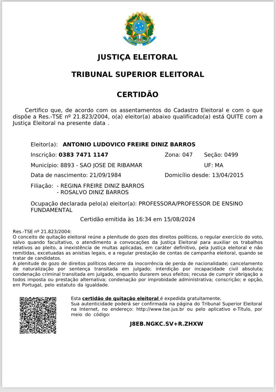 Certidão confirma que Dudu Diniz está quite com a Justiça Eleitoral e é candidato a prefeito em Ribamar – MA Certidão confirma que Dudu Diniz está quite com a Justiça Eleitoral e é candidato a prefeito em Ribamar – MA