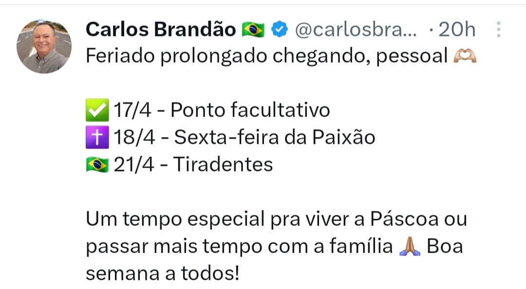 Brandão divulga feriados e pontos facultativo da Semana Santa